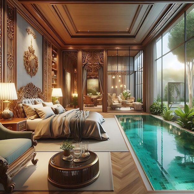 a bedroom with awesome interior and neon roof design and a inside bedroom swimingpool design