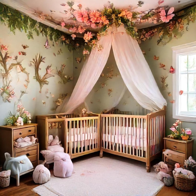 a bedroom with a babys room with a wallpaper with flowers and a babys nursery