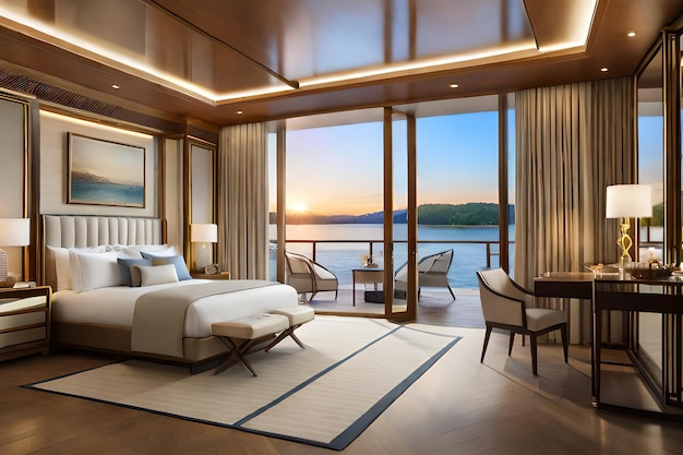 A bedroom with a balcony and a view of the ocean.