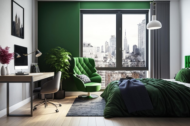 A bedroom with a bed bedding carpeting and parquet flooring a side view of the city with a green recliner and a laptop on a table