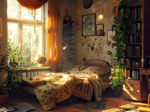 a bedroom with a bed a book shelf and a bookcase with a picture of a plant on it