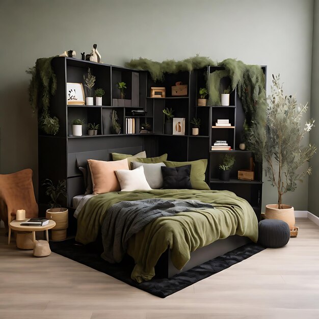 Photo a bedroom with a bed and a bookcase with a green cover