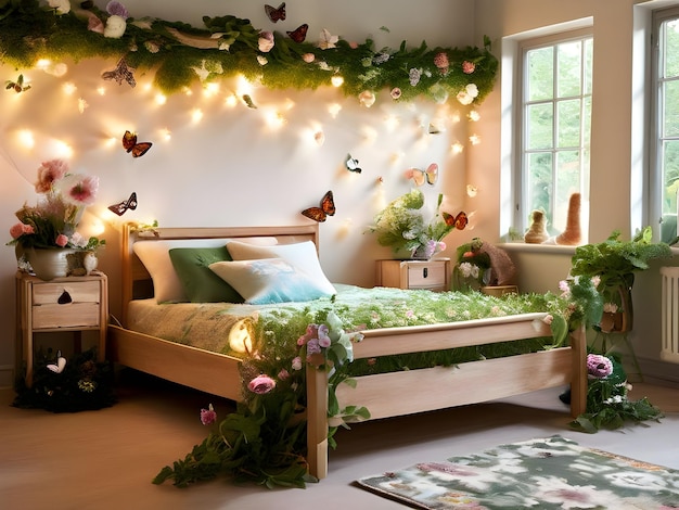 Photo a bedroom with a bed and butterflies on the wall