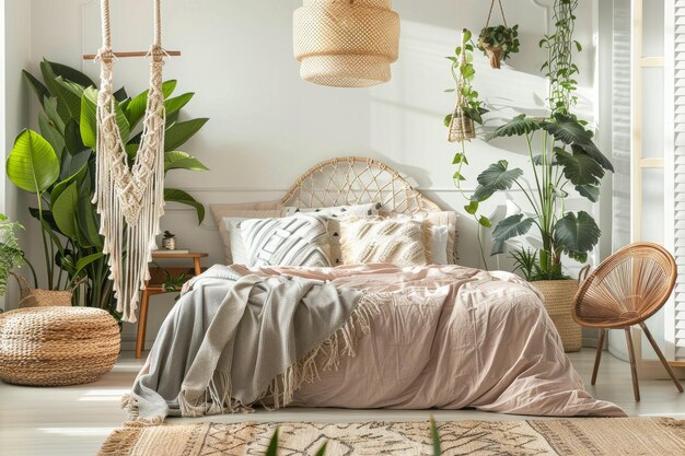 A bedroom with a bed a chair and a plant