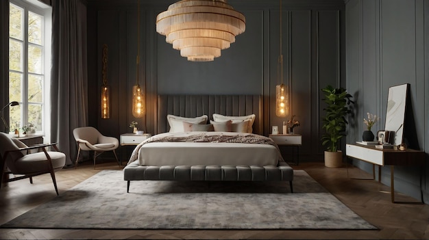 a bedroom with a bed and a chandelier hanging from the ceiling