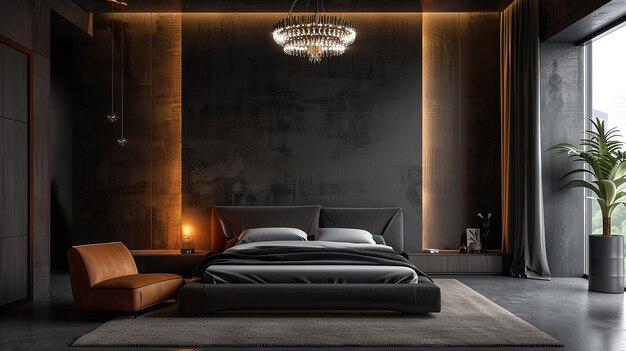 Photo a bedroom with a bed and a chandelier above it