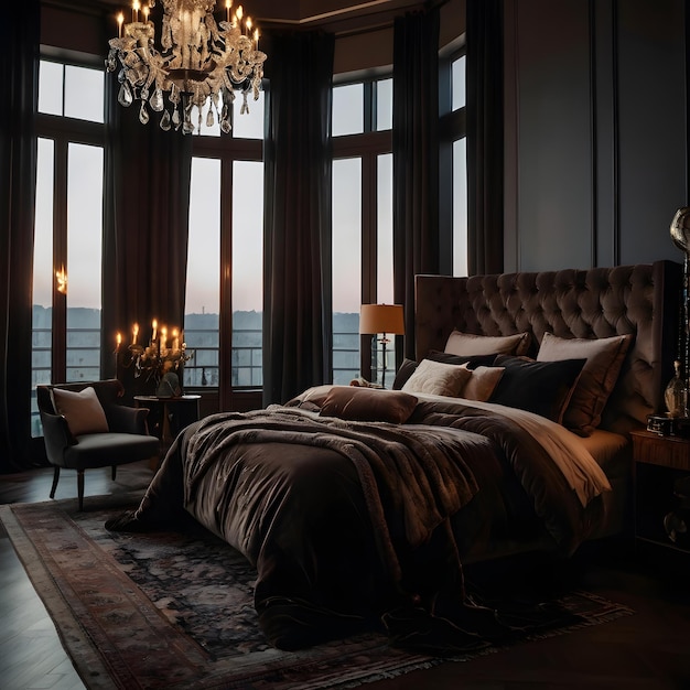 Photo a bedroom with a bed and a chandelier with a chandelier hanging from the ceiling