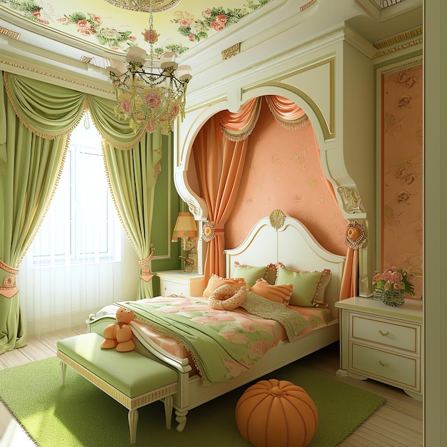 a bedroom with a bed and a chandelier with a pink and green curtain