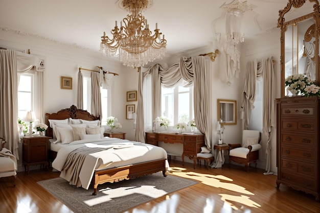 A bedroom with a bed and a chandelier