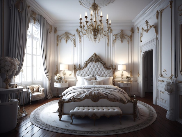 A bedroom with a bed and a chandelier.