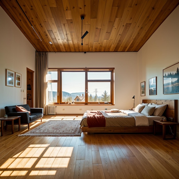 a bedroom with a bed couch and windows with a view of mountains