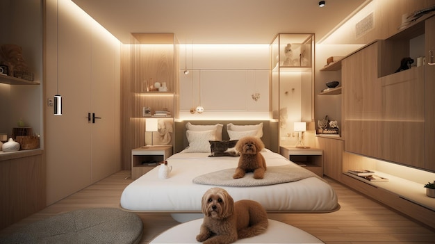 A bedroom with a bed and a dog on it