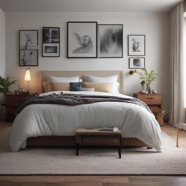 a bedroom with a bed a dresser and pictures on the wall