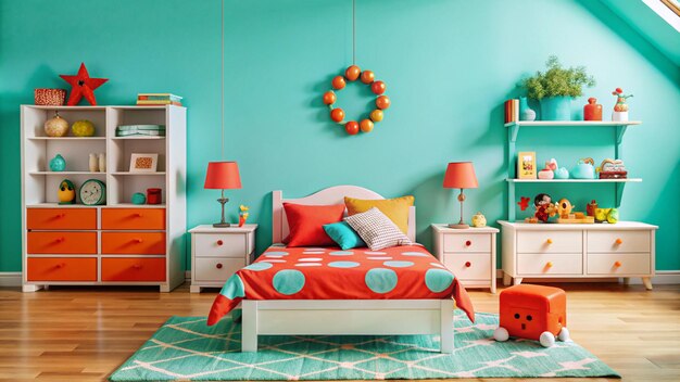 Photo a bedroom with a bed dresser and a wall hanging with a red pillow