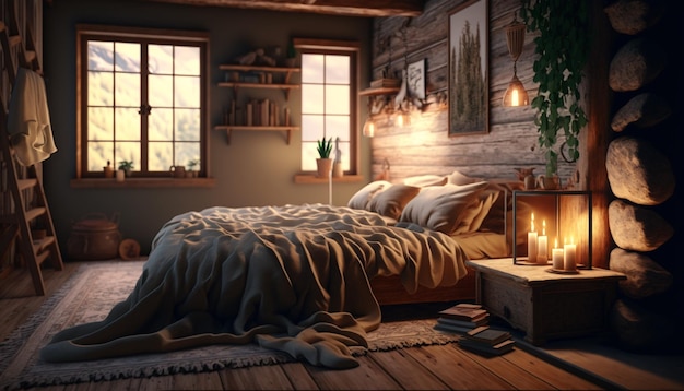 A bedroom with a bed and a fireplace