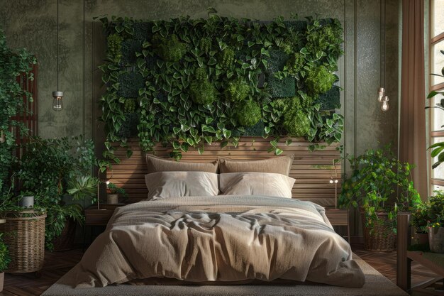 bedroom with bed in front of the green wall 3d render