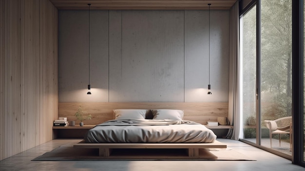 A bedroom with a bed and a lamp hanging above it.