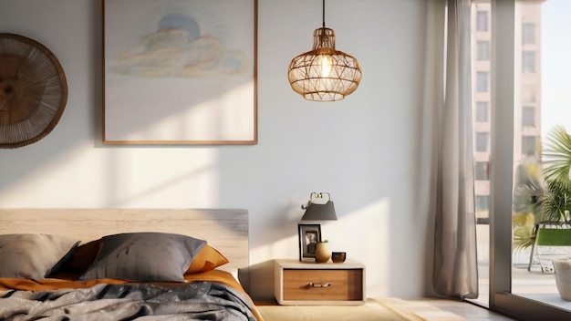 a bedroom with a bed a lamp and a picture on the wall