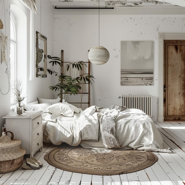 a bedroom with a bed a lamp and a rug on the floor