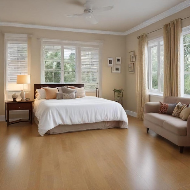 a bedroom with a bed and a lamp on the table