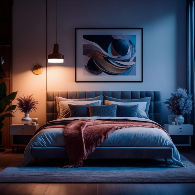 a bedroom with a bed and a lamp on the wall