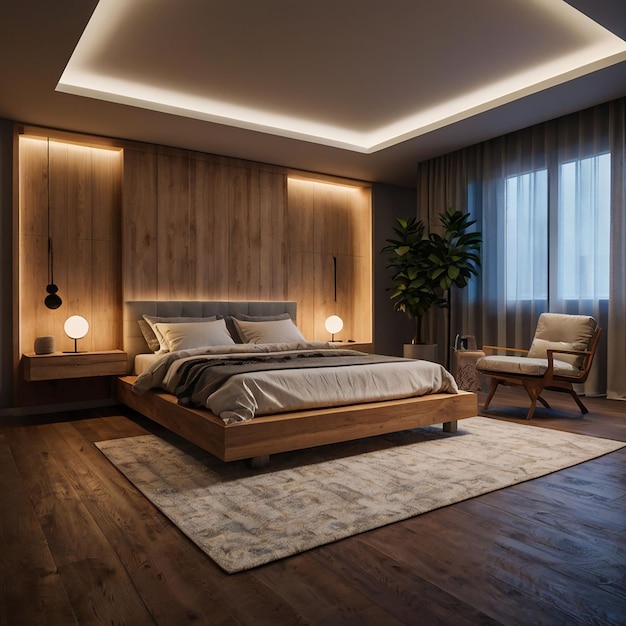 a bedroom with a bed and a lamp on the wall