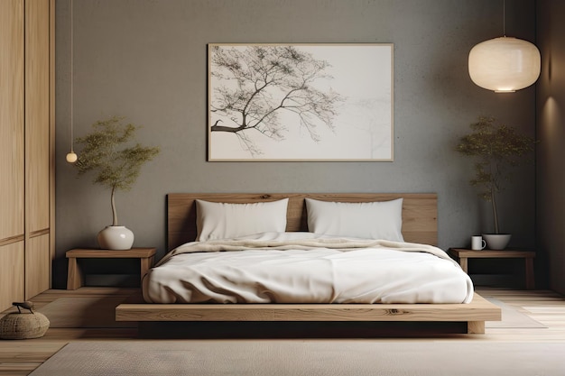 A bedroom with a bed and a lamp on the wall