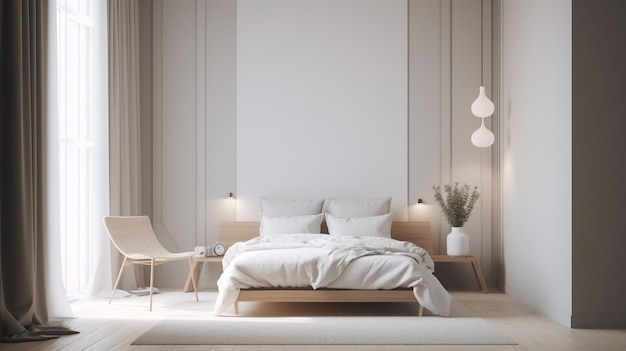 A bedroom with a bed and a lamp on the wall.