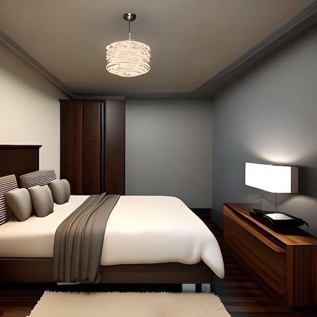 A bedroom with a bed and a lamp on the wall