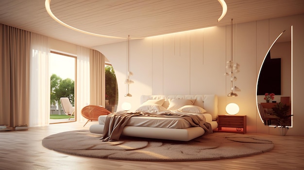 A bedroom with a bed and a lamp on the wall