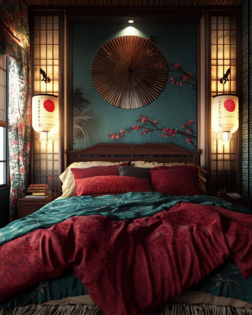 Photo a bedroom with a bed and a lamp with a red flowered wallpaper