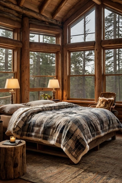 a bedroom with a bed lamps and a window with a view of trees