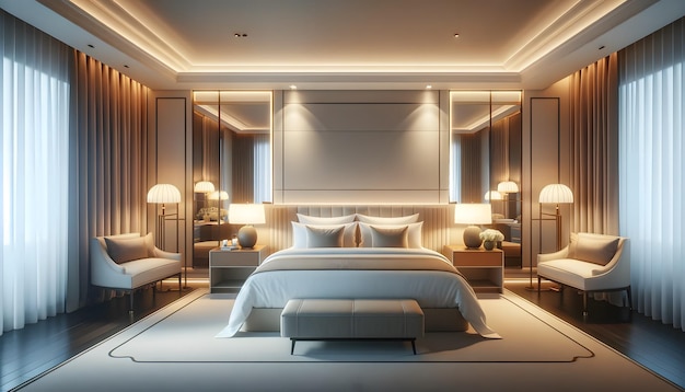 a bedroom with a bed and a large mirror