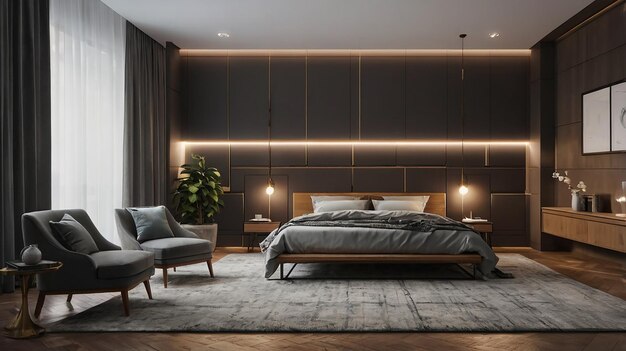 a bedroom with a bed and a large wall with lights on it