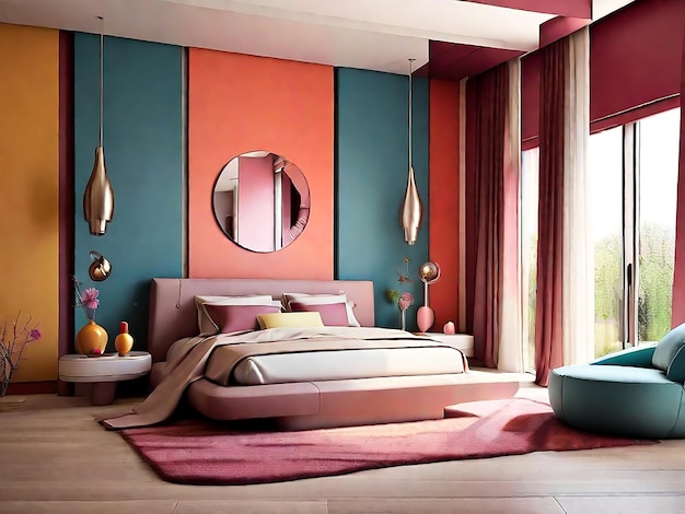 Photo a bedroom with a bed a mirror and a pink and orange wall