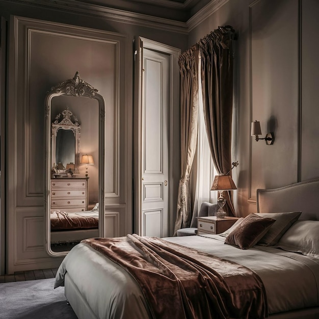 a bedroom with a bed and a mirror on the wall