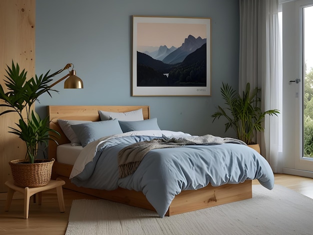 Photo a bedroom with a bed a mountain and a picture on the wall