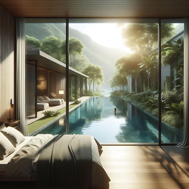 a bedroom with a bed and a painting of a pool with a view of a mountain