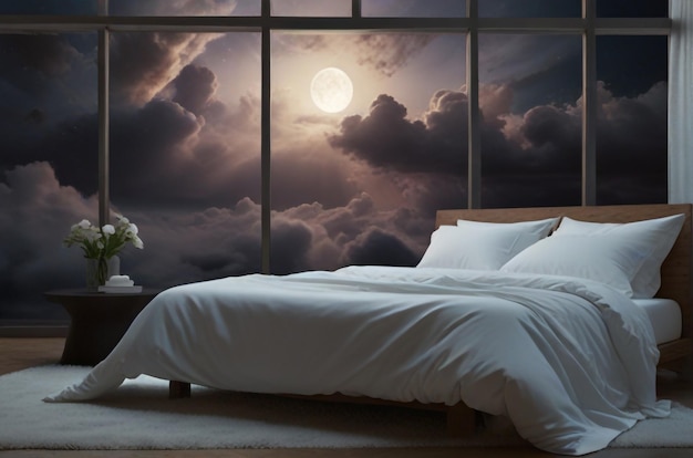 a bedroom with a bed and a painting of a sunset on the wall