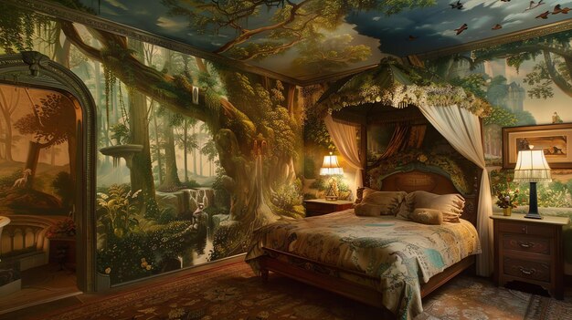 Photo a bedroom with a bed and a painting of trees and a bed with a canopy over it