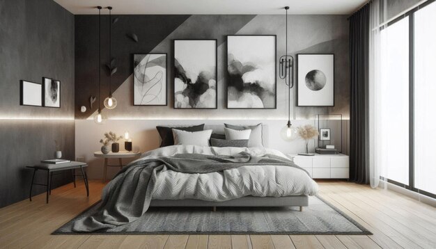 Photo a bedroom with a bed and a painting on the wall