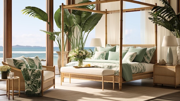 a bedroom with a bed and a palm tree on the right side