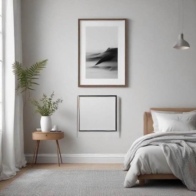 a bedroom with a bed and a picture of a boat on the wall