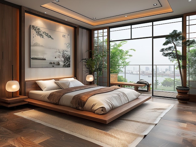 a bedroom with a bed and a picture of a ship on the wall