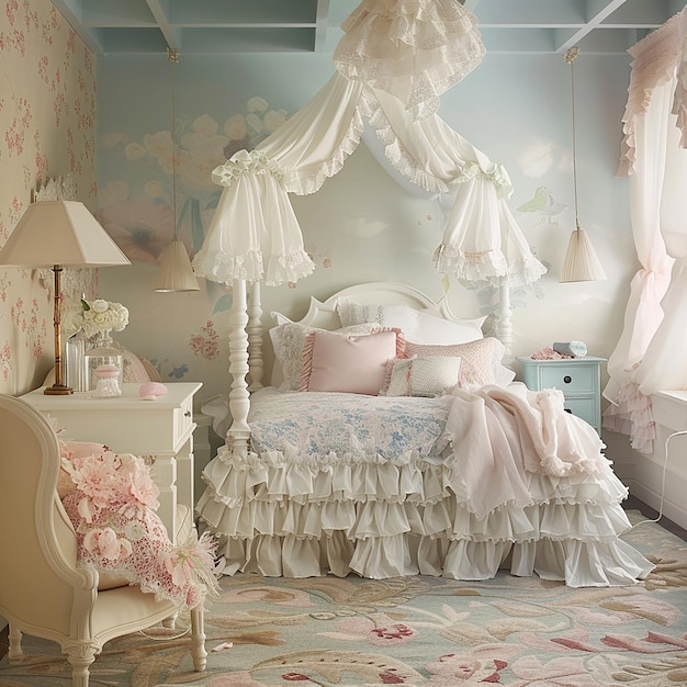 a bedroom with a bed and a pink and white bed with a pink floral pattern