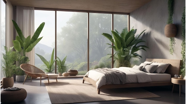 a bedroom with a bed and a plant in the corner