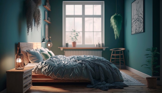 A bedroom with a bed and a plant hanging from the ceiling.