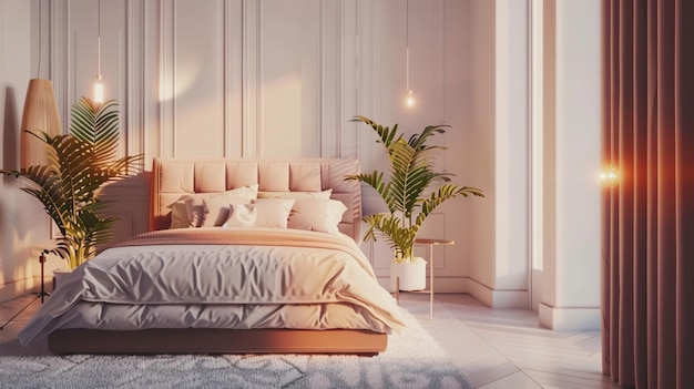 a bedroom with a bed and a plant in it