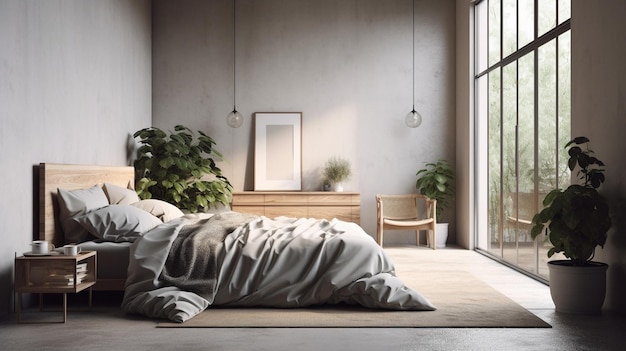 A bedroom with a bed and a plant on the wall.