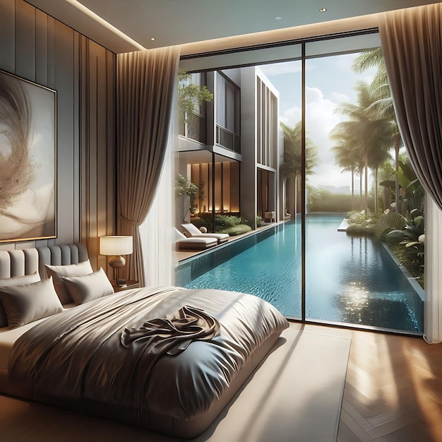 a bedroom with a bed and a pool with palm trees in the background